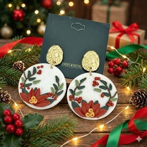 Christmas Red Floral Dangle Drop Earrings